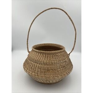Vintage Hand Woven Natural Grass Basket Bulbous Round Handle Tan Boho Decor
